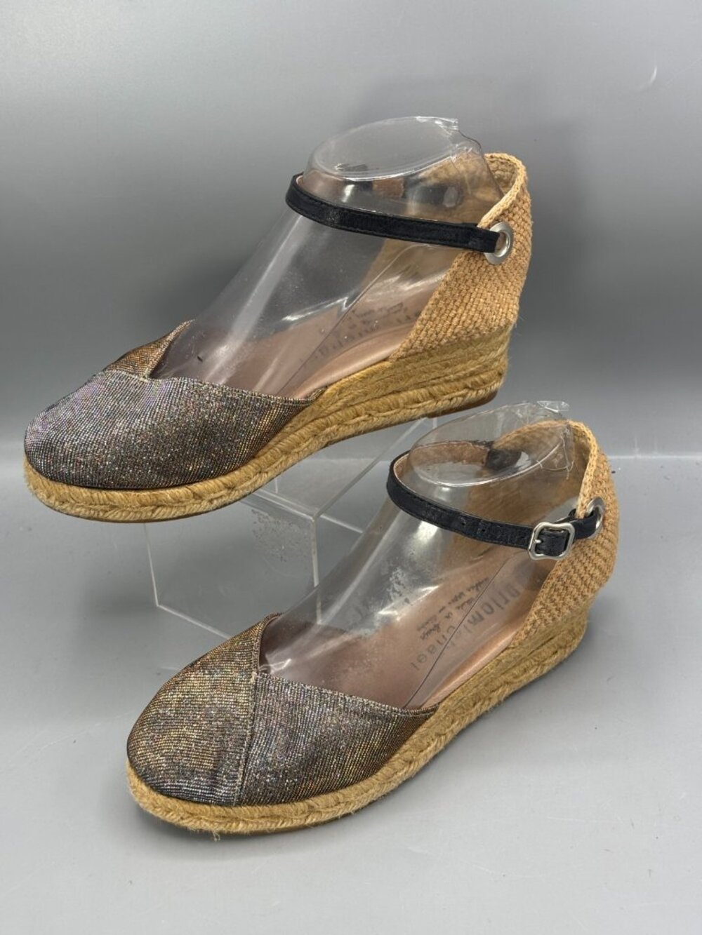 Eric Michael Copa Espadrille Sandal Womens 5.5-6 Tan Gold Silver Classic Wedge
